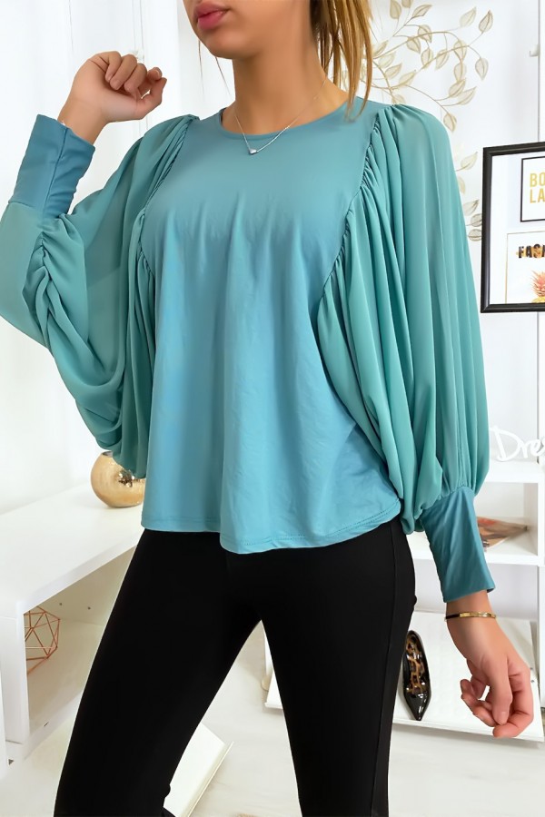 Jolie blouse turquoise à manches drapées - 2