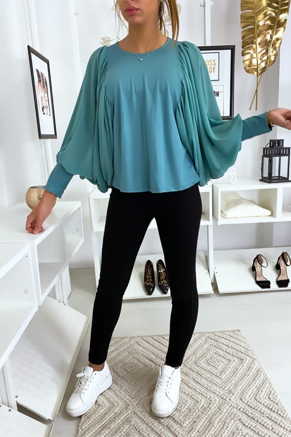 Jolie blouse turquoise à manches drapées - 3