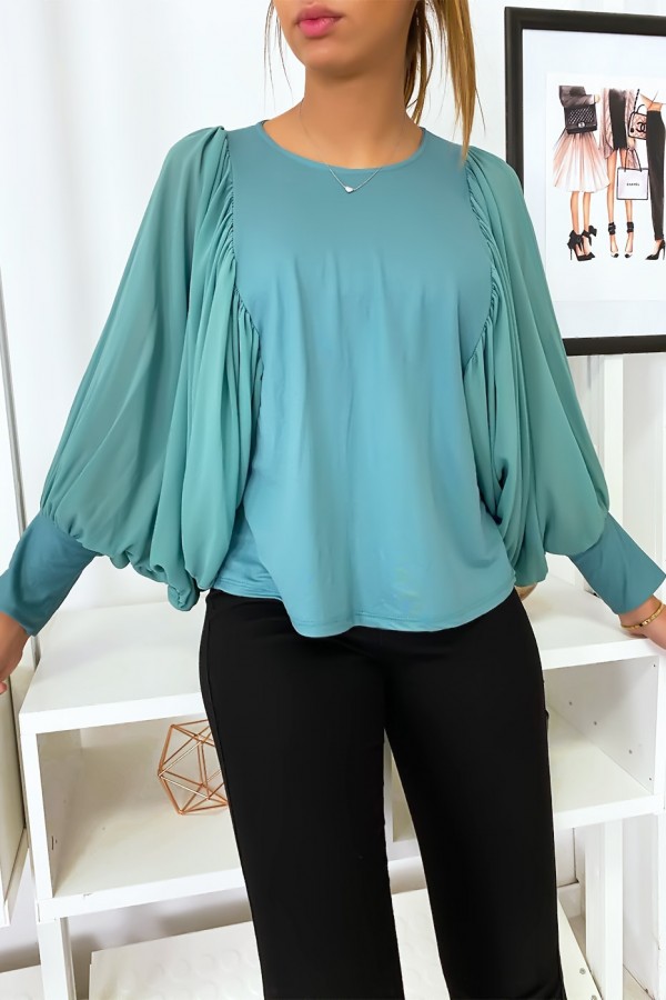 Jolie blouse turquoise à manches drapées - 4