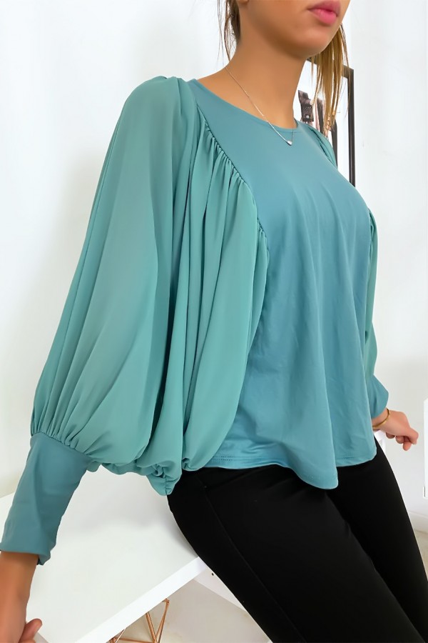 Jolie blouse turquoise à manches drapées - 5