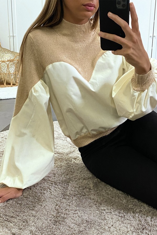 Pull beige bi-matière avec manches bouffante - 3