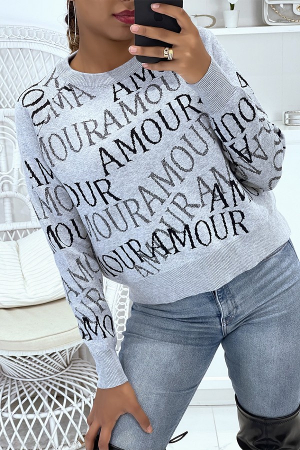 Pull gris court écriture amour - 1