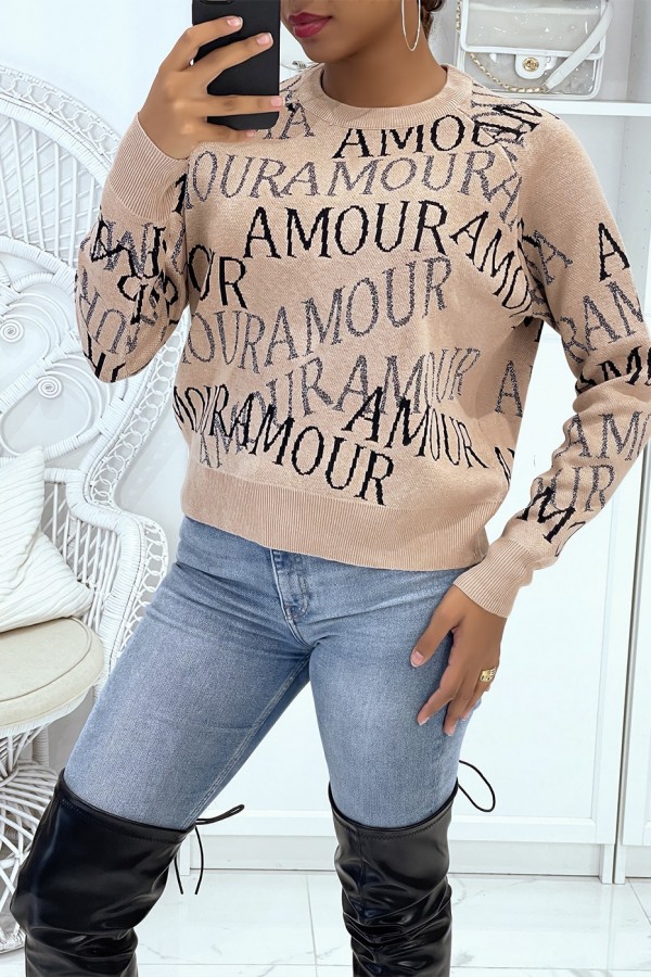 Pull taupe avec écriture Amour - 4