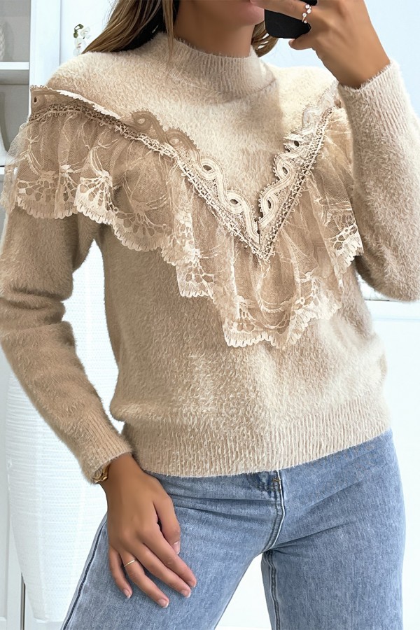 Pull  couleur taupe tout doux à col montant et volant brodé style rétro - 1