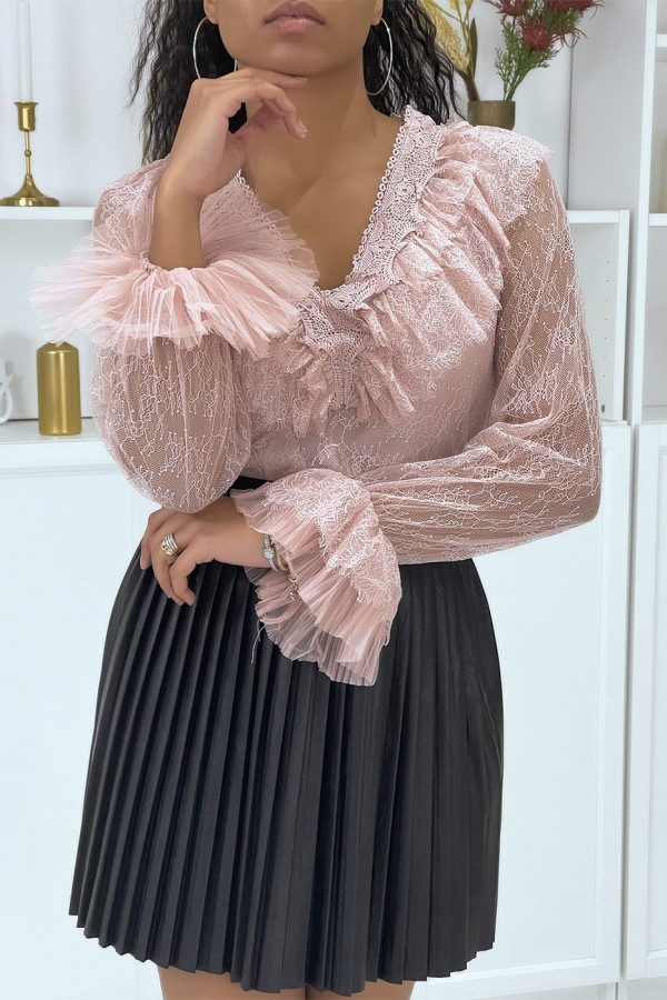 Blouse volantée en dentelle rose - 2