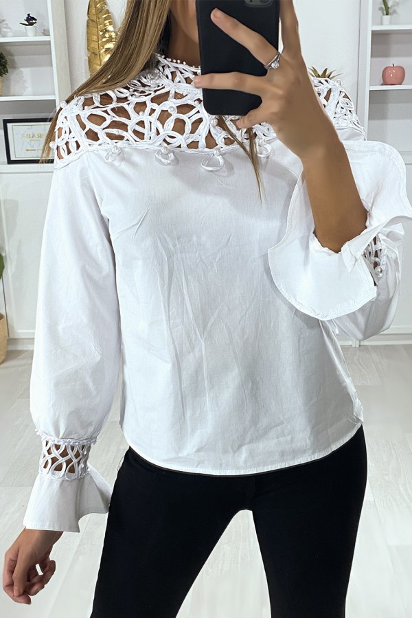 Blouse blanche avec buste motif satiné et perlé - 4