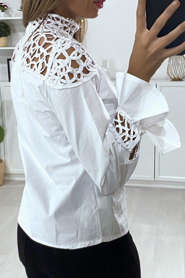 Blouse blanche avec buste motif satiné et perlé - 5