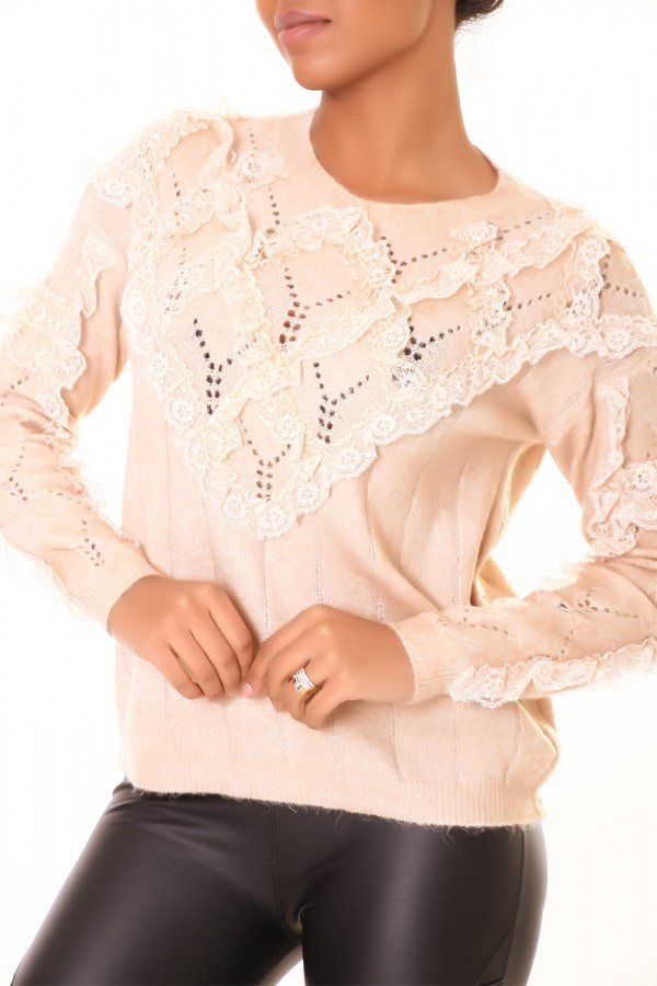 Pull beige à col rond et motif losanges en dentelle - 1