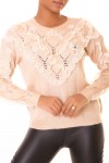 Pull beige à col rond et motif losanges en dentelle - 3