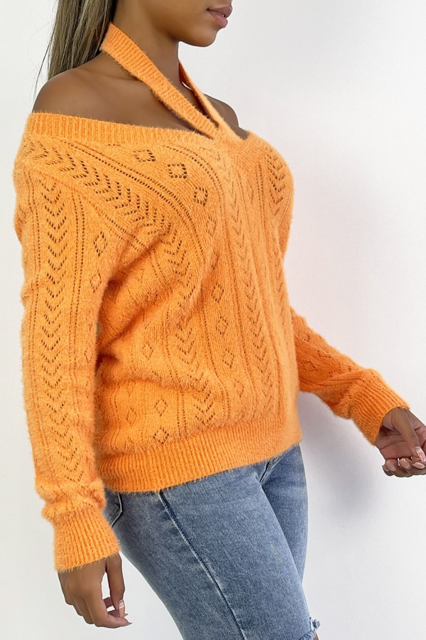 Pull orange vitaminé tout doux à épaules dénudée et détails ajourés pointelle. - 2