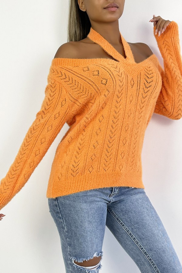 Pull orange vitaminé tout doux à épaules dénudée et détails ajourés pointelle. - 3