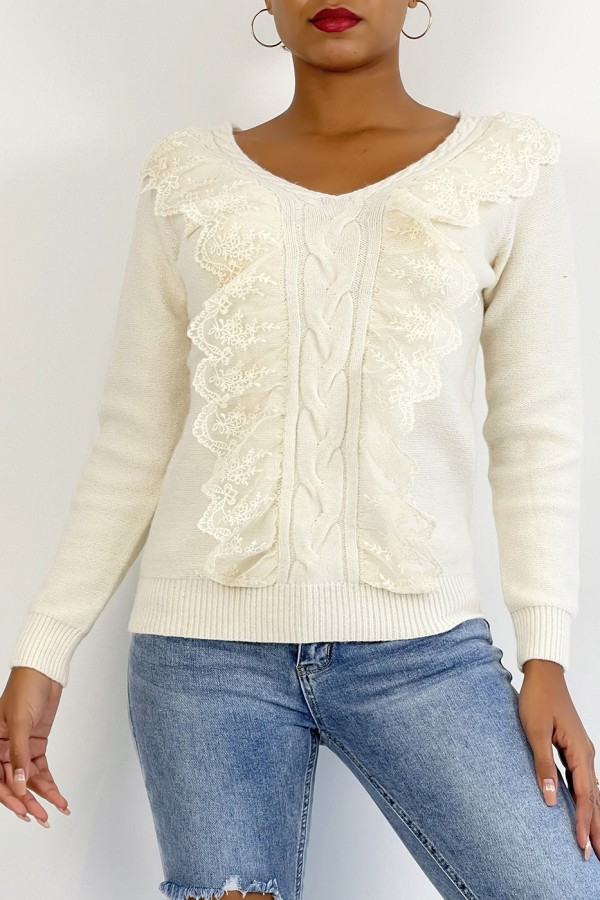 Pull  col V très chic beige à volants - 5