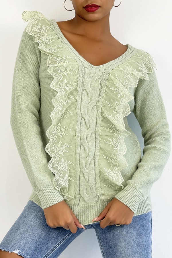 Pull  col V très chic vert pomme à volants - 4