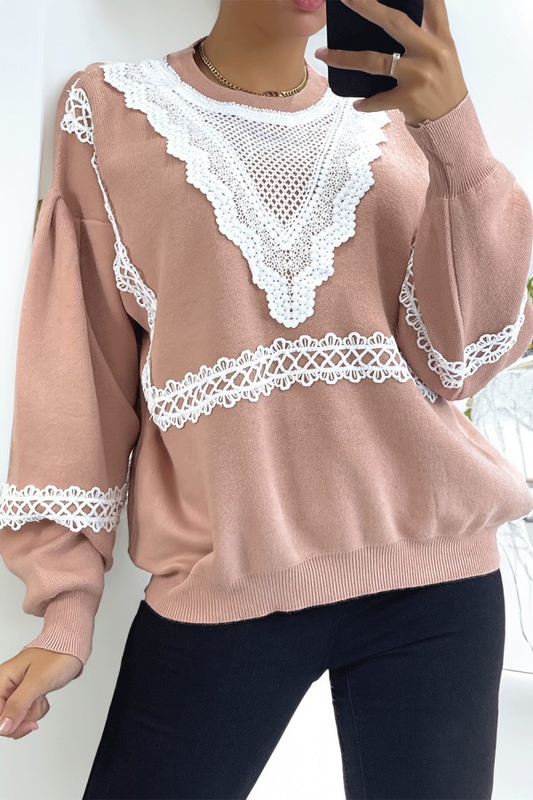 Pull rose over size manche bouffante avec motif en dentelle - 1