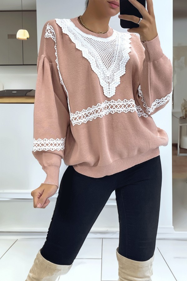 Pull rose over size manche bouffante avec motif en dentelle - 5