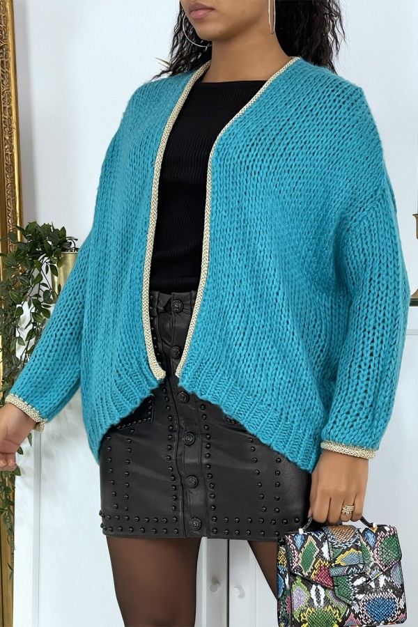 Cardigan turquoise en grosse maille - 1