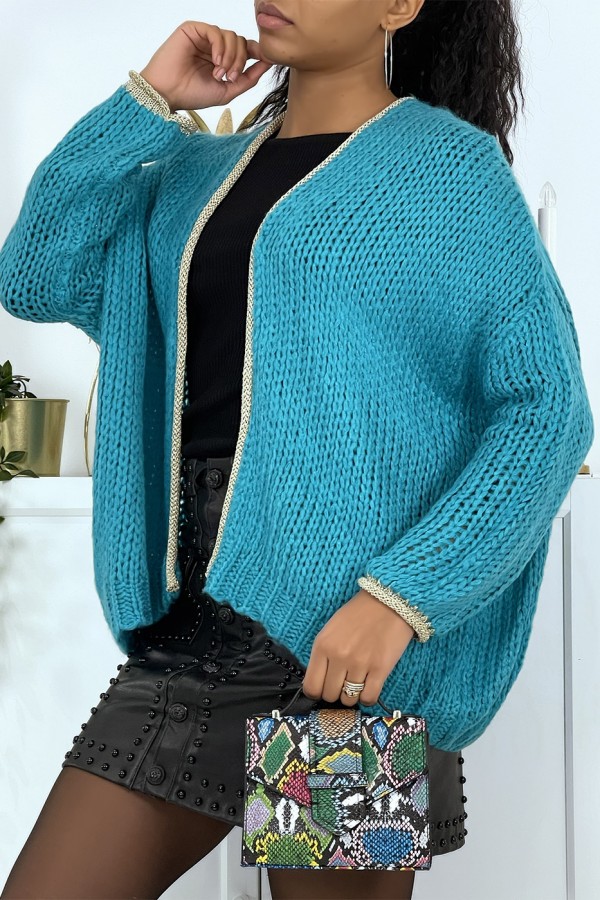 Cardigan turquoise en grosse maille - 2