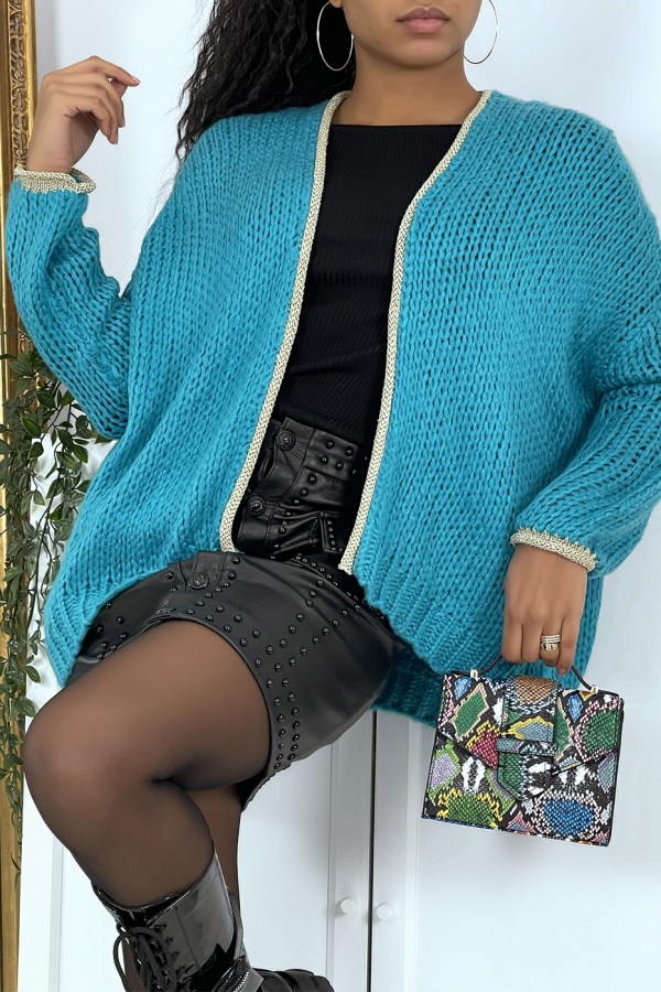 Cardigan turquoise en grosse maille - 5