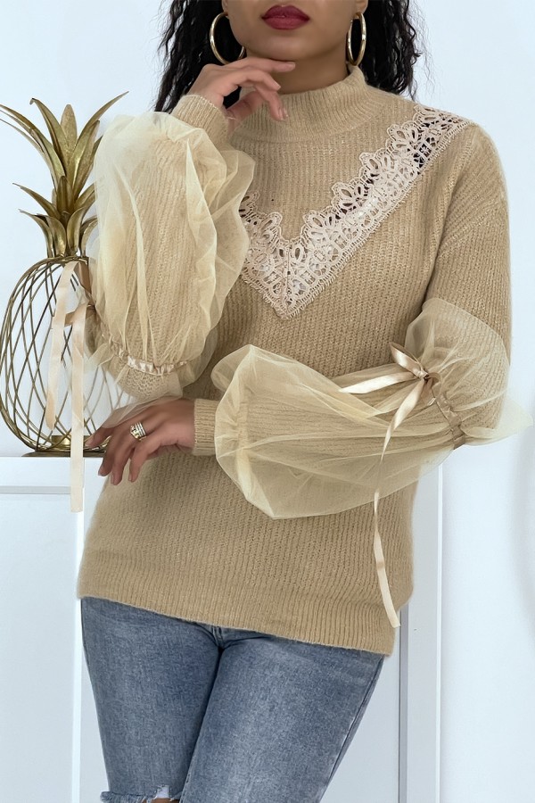 Pull col montant taupe à manches bouffantes en tulle - 4