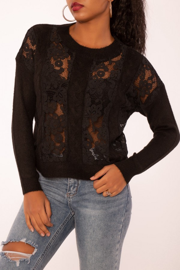 Pull noir à empiècement en dentelle et coupe basique - 4