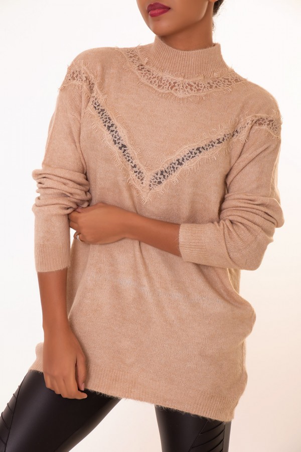 Pull long taupe à motif V en dentelle - 2