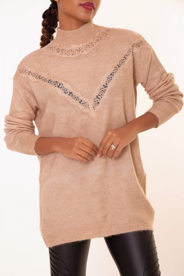 Pull long taupe à motif V en dentelle - 5