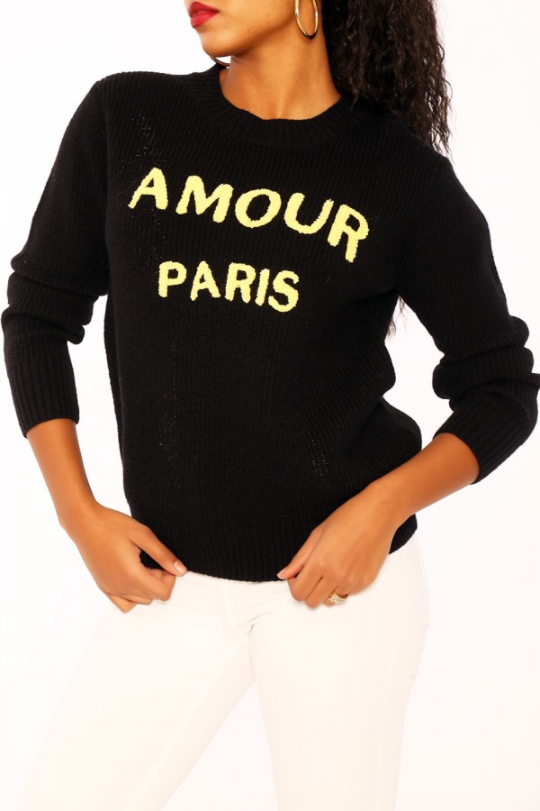 Pull noir à col rond inscription AMOUR PARIS - 1