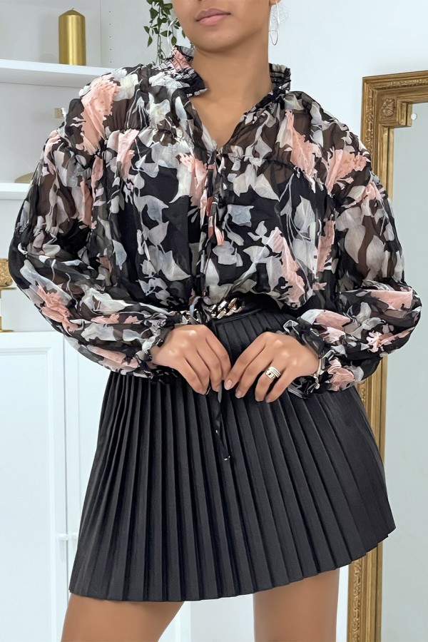 Blouse fleurie à nouer en tulle noire - 5