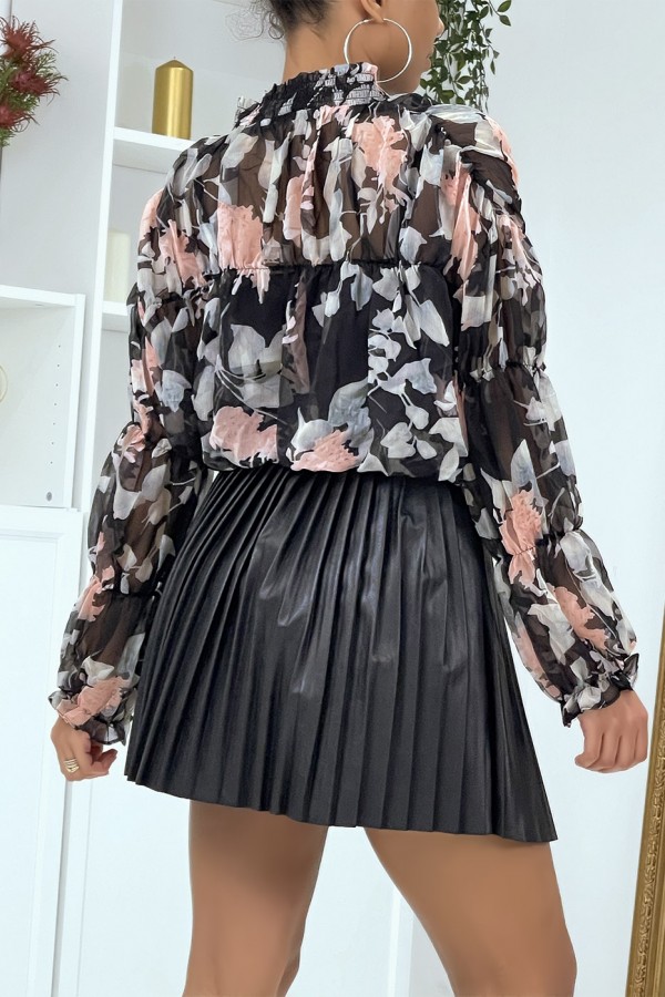 Blouse fleurie à nouer en tulle noire - 8