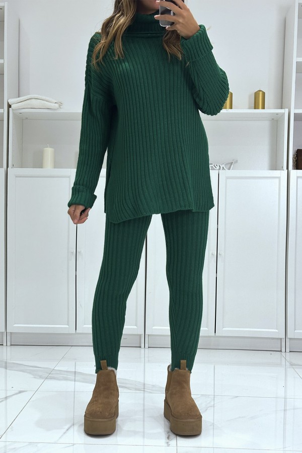 Ensemble pull col roulé et pantalon vert en tricot, très chaud pour l'hiver - 1