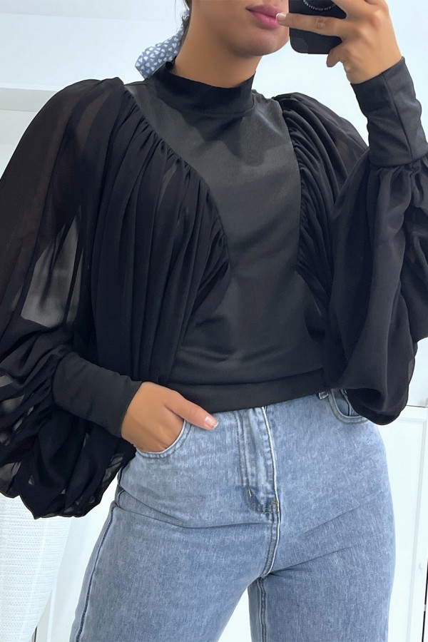 Blouse noire manches bouffantes en voile - 1