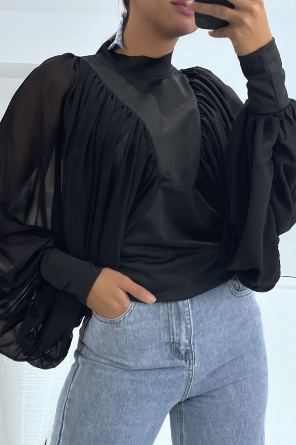 Blouse noire manches bouffantes en voile - 3