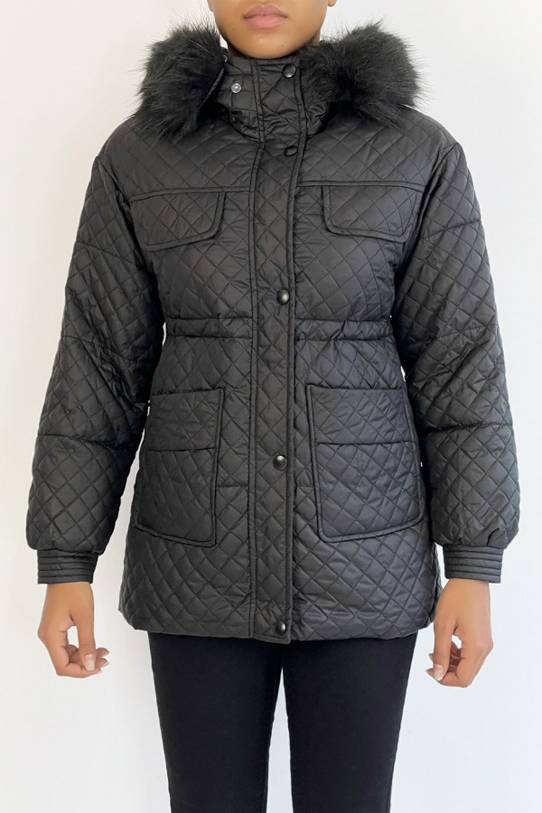 Manteau matelassé multi-poches noir à capuche - 5