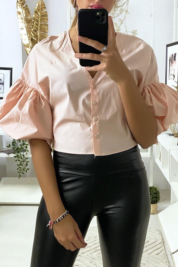 Chemise court en rose avec manches bouffantes - 1