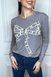 Pull gris à empiècement et strass - 1