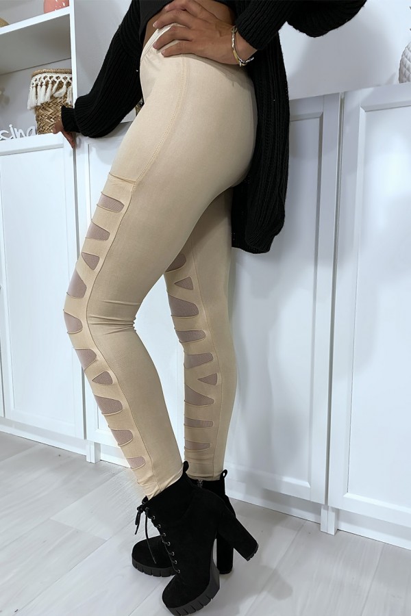 Legging beige avec joli motif coupé et doublé en résille - 2