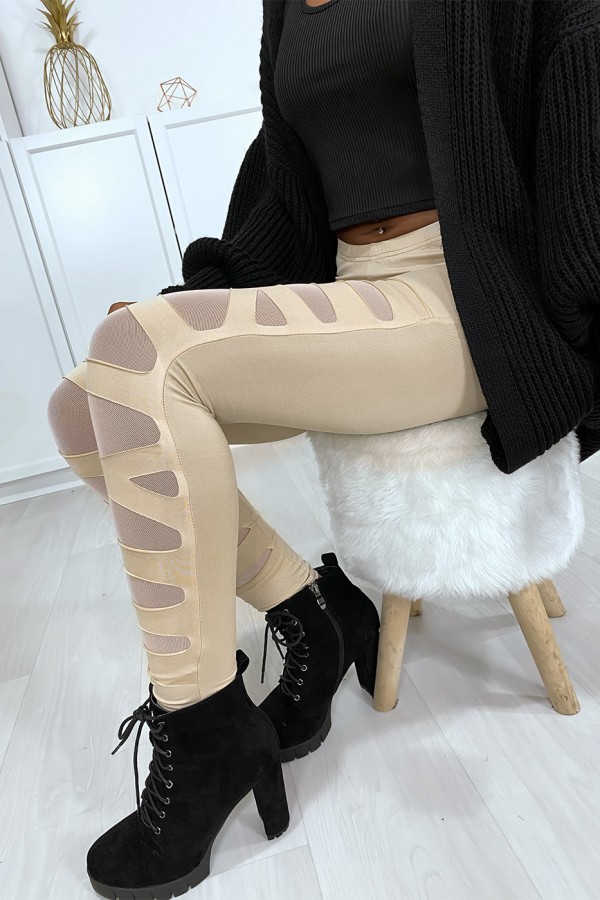 Legging beige avec joli motif coupé et doublé en résille - 7