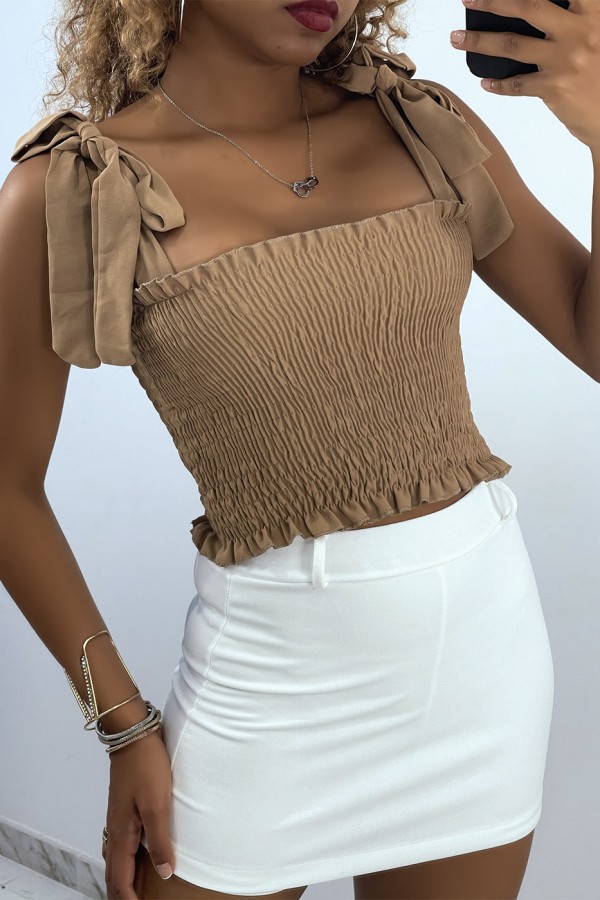 Crop top bustier froncé taupe avec bretelle à nouer  - 2