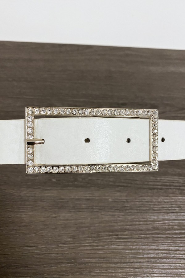 Ceinture blanche en simili avec boucle rectangulaire ornée de strass - 2