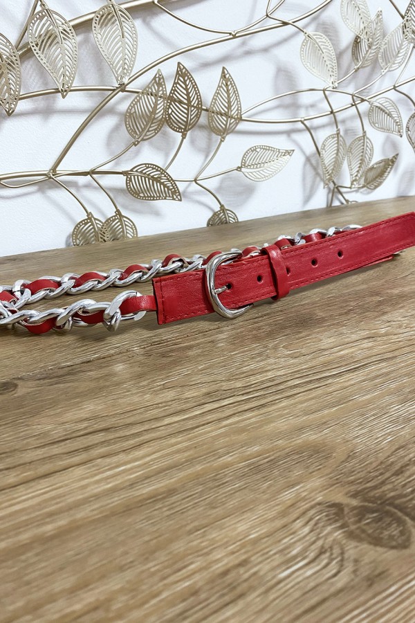 Ceinture rouge en simili avec chaine tressé - 2