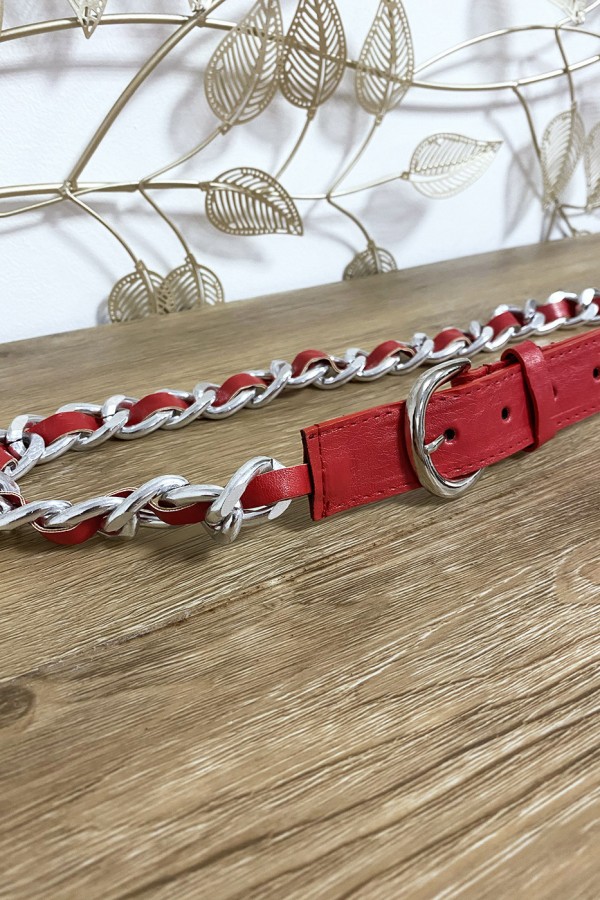 Ceinture rouge en simili avec chaine tressé - 3