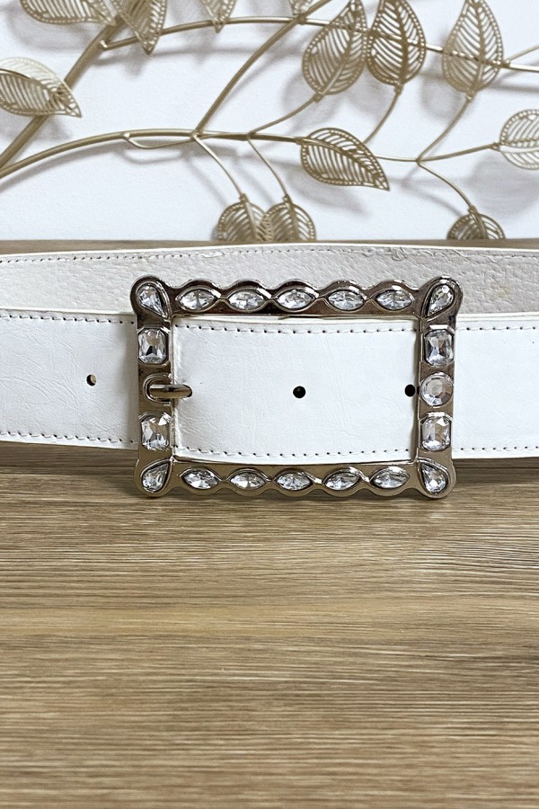 Ceinture blanche boucle rectangulaire ornée de strass - 3