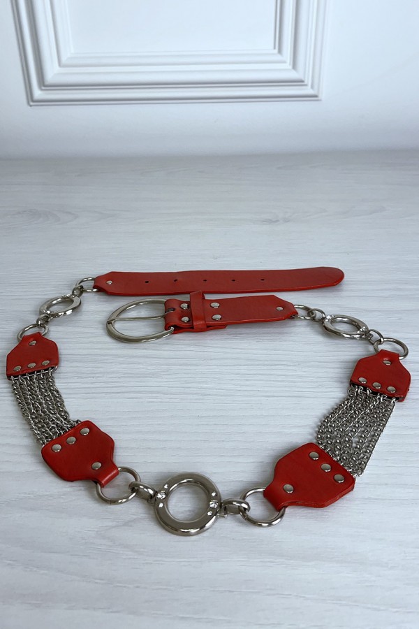 Ceinture rouge en simili avec chêne et accessoire argenté - 1