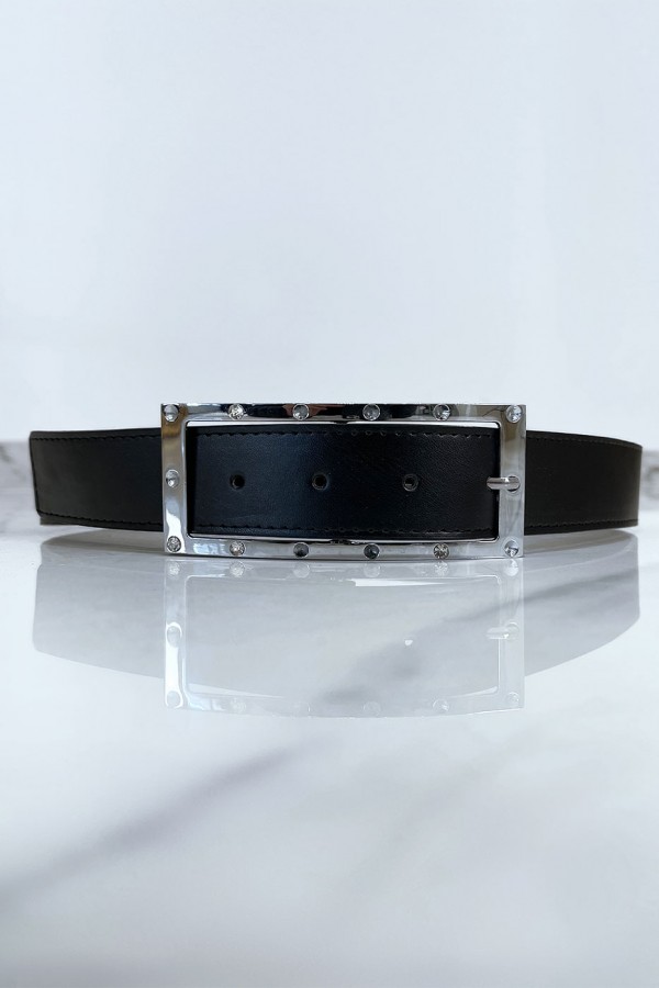 Ceinture noire avec boucle rectangle strass et argenté - 2