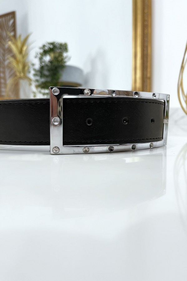 Ceinture noire avec boucle rectangle strass et argenté - 6