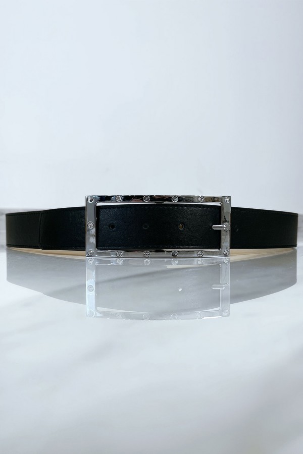 Ceinture noire avec boucle rectangle strass et argenté - 7