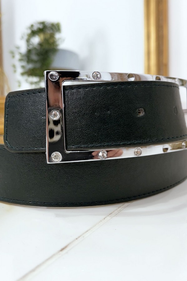 Ceinture noire avec boucle rectangle strass et argenté - 12