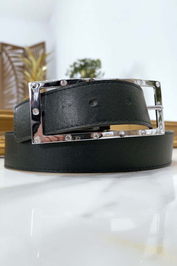 Ceinture noire avec boucle rectangle strass et argenté - 15