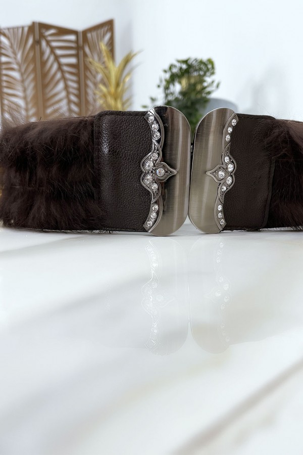 Ceinture élastique marron avec accessoire et plume - 5