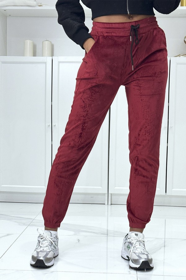 Pantalon jogging bordeaux en peau de pêche avec poches - 1